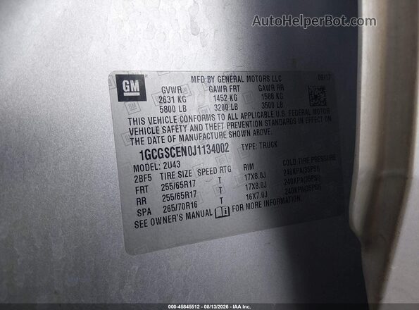 1GCGSCEN0J1134002 2018 CHEVROLET COLORADO Серебряный Вид подкапотного пространства