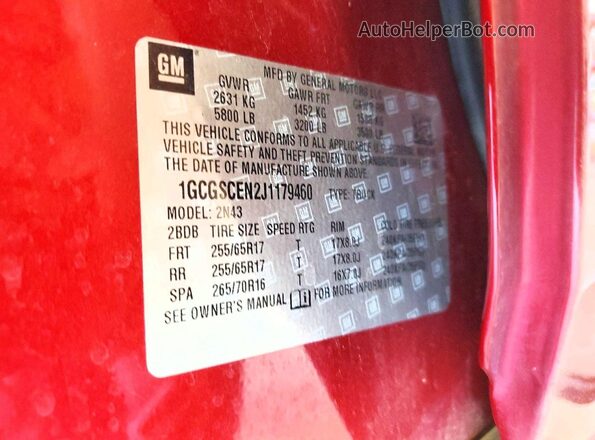 1GCGSCEN2J1179460 2018 CHEVROLET COLORADO Burgundy ძრავის განყოფილების ხედი