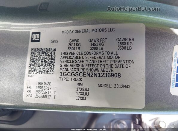 1GCGSCEN2N1236908 2022 CHEVROLET COLORADO Gray Вид підкапотного простору