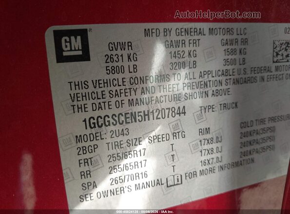 1GCGSCEN5H1207844 2017 CHEVROLET COLORADO Red Вид підкапотного простору