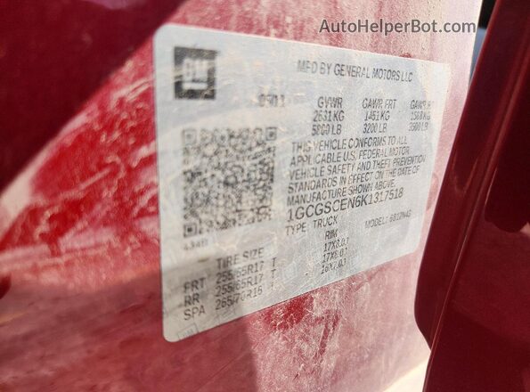 1GCGSCEN6K1317518 2019 CHEVROLET COLORADO Red ძრავის განყოფილების ხედი