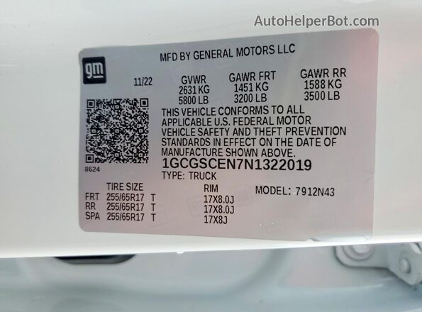 1GCGSCEN7N1322019 2022 CHEVROLET COLORADO Белый Вид наклейки с VIN-кодом