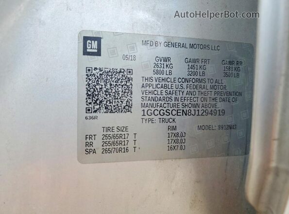 1GCGSCEN8J1294919 2018 CHEVROLET COLORADO Серебряный Вид подкапотного пространства