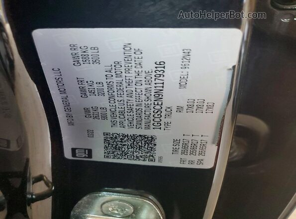 1GCGSCEN9N1179316 2022 CHEVROLET COLORADO Black VIN კოდის სტიკერის ხედი