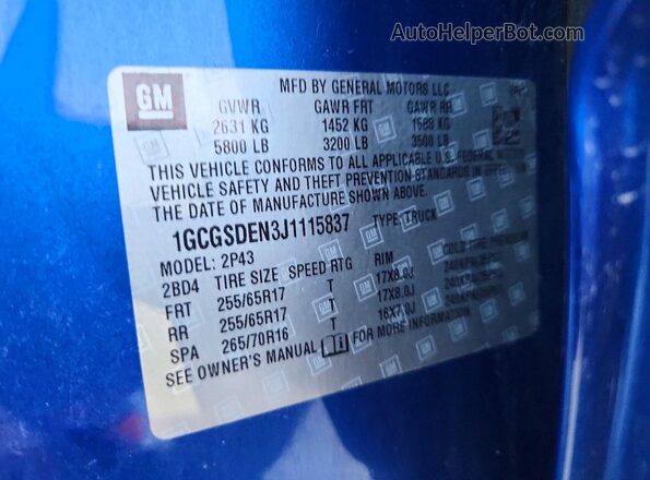 1GCGSDEN3J1115837 2018 CHEVROLET COLORADO Blue Widok komory silnika