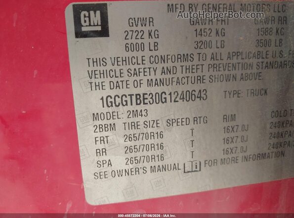 1GCGTBE30G1240643 2016 CHEVROLET COLORADO Red ძრავის განყოფილების ხედი