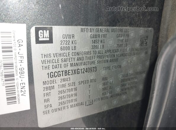 1GCGTBE3XG1240973 2016 CHEVROLET COLORADO Gray Вид підкапотного простору