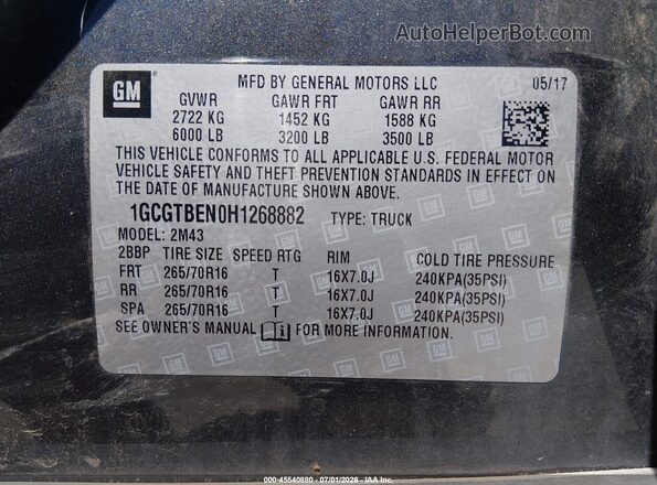 1GCGTBEN0H1268882 2017 CHEVROLET COLORADO Серый Вид подкапотного пространства
