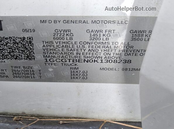 1GCGTBEN0K1308238 2019 CHEVROLET COLORADO White Շարժիչի բաժամունքի տեսք