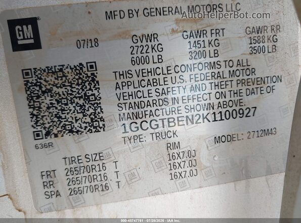 1GCGTBEN2K1100927 2019 CHEVROLET COLORADO Silver Вид підкапотного простору