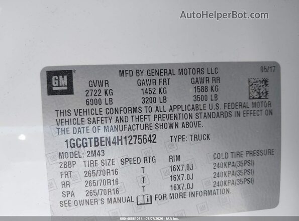 1GCGTBEN4H1275642 2017 CHEVROLET COLORADO White Engine compartment view