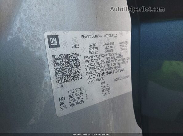 1GCGTBEN4K1102145 2019 CHEVROLET COLORADO Gray Engine compartment view