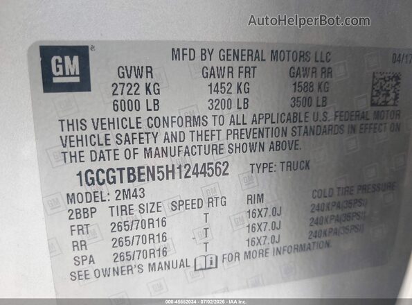 1GCGTBEN5H1244562 2017 CHEVROLET COLORADO Gray ძრავის განყოფილების ხედი