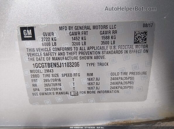 1GCGTBEN5J1103206 2018 CHEVROLET COLORADO Silver Engine compartment view