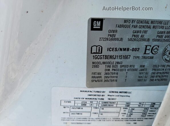 1GCGTBEN6J1151667 2018 CHEVROLET COLORADO White Вид підкапотного простору