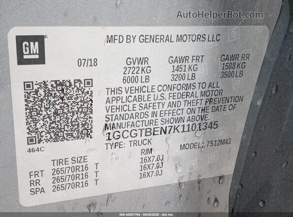 1GCGTBEN7K1101345 2019 CHEVROLET COLORADO Silver Вид наклейки з VIN-кодом