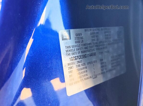 1GCGTCE38G1144698 2016 CHEVROLET COLORADO Blue Vista del compartimento del motor