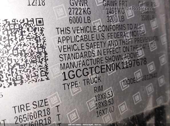1GCGTCEN0K1197678 2019 CHEVROLET COLORADO Black Вид підкапотного простору