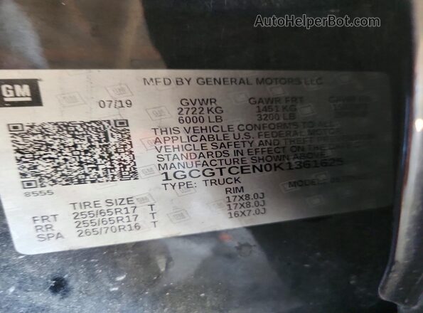 1GCGTCEN0K1361625 2019 CHEVROLET COLORADO Black VIN sticker view