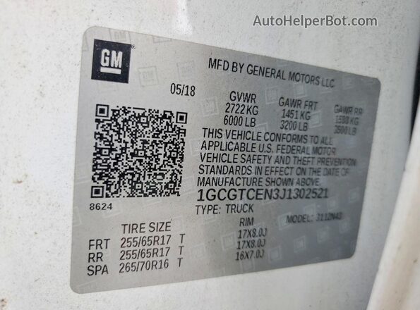 1GCGTCEN3J1302521 2018 CHEVROLET COLORADO White ძრავის განყოფილების ხედი