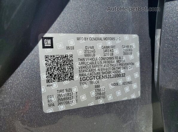 1GCGTCEN9J1289032 2018 CHEVROLET COLORADO Серебряный Вид наклейки с VIN-кодом