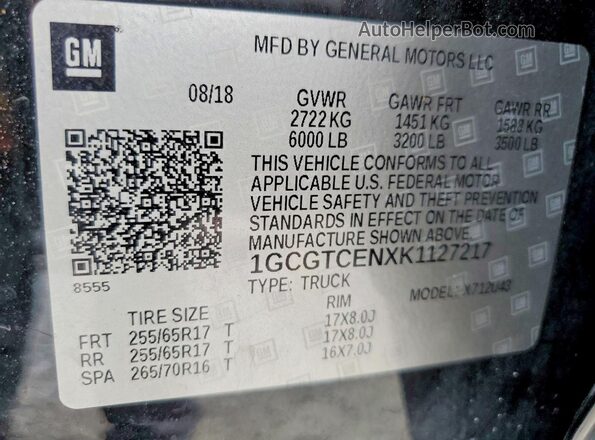 1GCGTCENXK1127217 2019 CHEVROLET COLORADO Черный Вид наклейки с VIN-кодом
