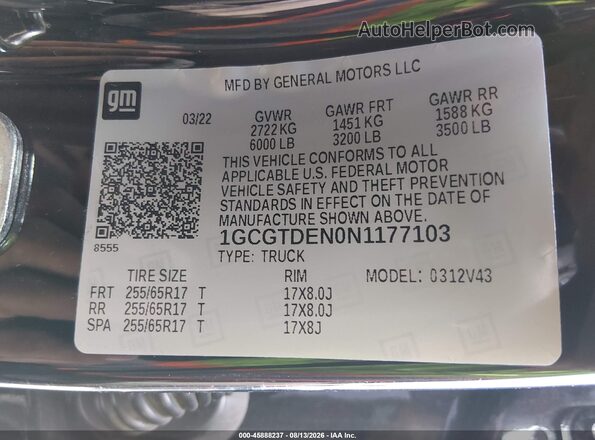 1GCGTDEN0N1177103 2022 CHEVROLET COLORADO Black Вид підкапотного простору