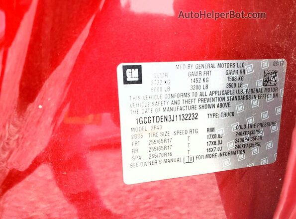 1GCGTDEN3J1132232 2018 CHEVROLET COLORADO Red Vista de la etiqueta del VIN