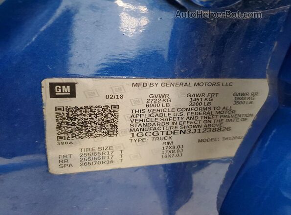 1GCGTDEN3J1238826 2018 CHEVROLET COLORADO Синий Вид подкапотного пространства