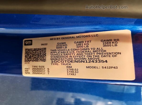1GCGTDEN5N1243354 2022 CHEVROLET COLORADO Blue ძრავის განყოფილების ხედი