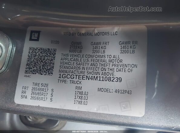 1GCGTEEN4M1108239 2021 CHEVROLET COLORADO Серый Вид подкапотного пространства