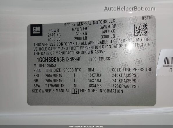 1GCHSBEA3G1249990 2016 CHEVROLET COLORADO Белый Вид подкапотного пространства