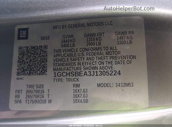 1GCHSBEA3J1305224 2018 CHEVROLET COLORADO Серый Вид подкапотного пространства