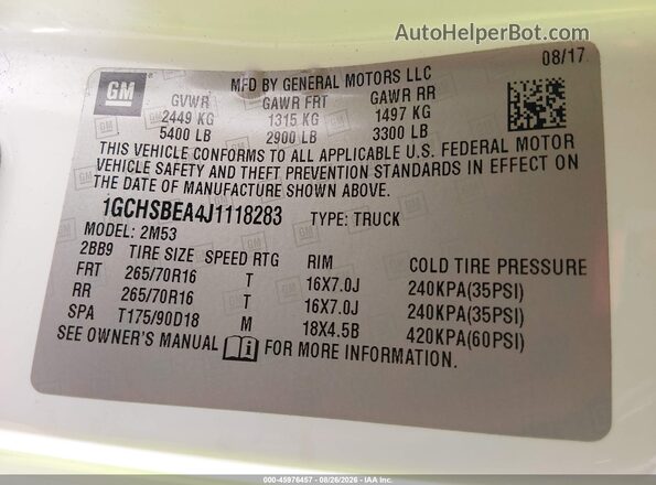 1GCHSBEA4J1118283 2018 CHEVROLET COLORADO Белый Вид подкапотного пространства