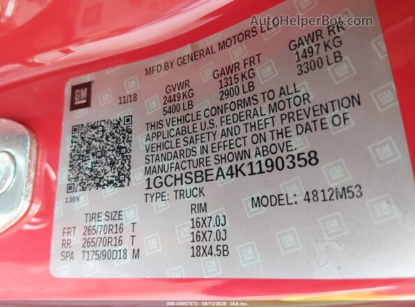 1GCHSBEA4K1190358 2019 CHEVROLET COLORADO Red Widok komory silnika
