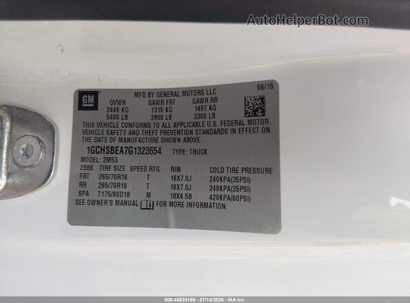 1GCHSBEA7G1323654 2016 CHEVROLET COLORADO White ძრავის განყოფილების ხედი