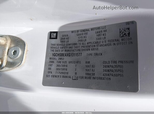 1GCHSBEAXG1311577 2016 CHEVROLET COLORADO White Շարժիչի բաժամունքի տեսք