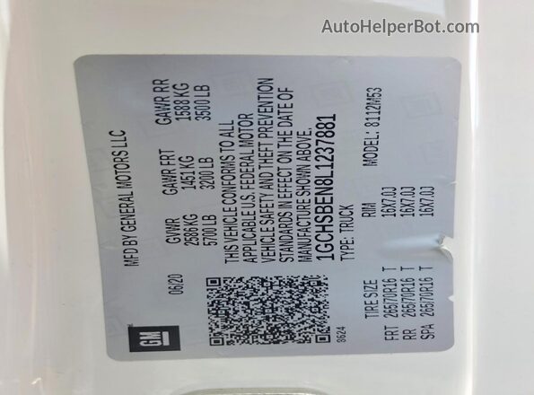 1GCHSBEN8L1237881 2020 CHEVROLET COLORADO White VIN կոդի պիտակի տեսք