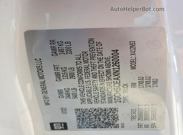 1GCHSCEAXN1260004 2022 CHEVROLET COLORADO White Vista de la etiqueta del VIN