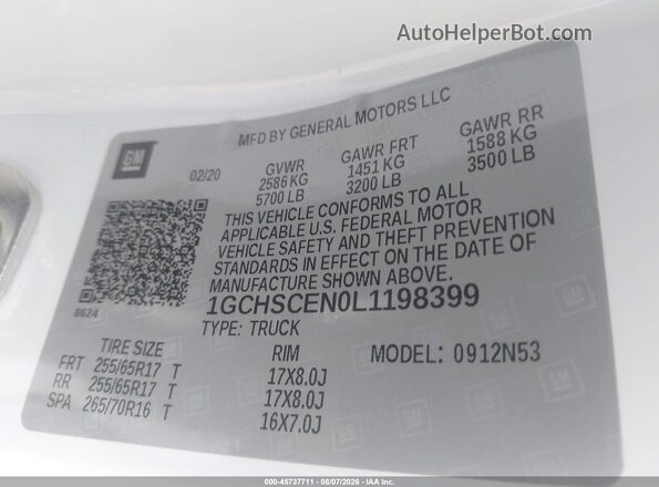 1GCHSCEN0L1198399 2020 CHEVROLET COLORADO White Вид підкапотного простору