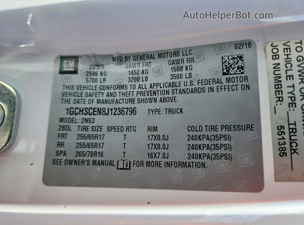1GCHSCEN8J1236796 2018 CHEVROLET COLORADO White VIN կոդի պիտակի տեսք