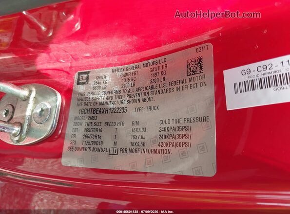 1GCHTBEAXH1222235 2017 CHEVROLET COLORADO Красный Вид подкапотного пространства