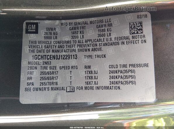 1GCHTCEN0J1229113 2018 CHEVROLET COLORADO Green Vista del compartimento del motor