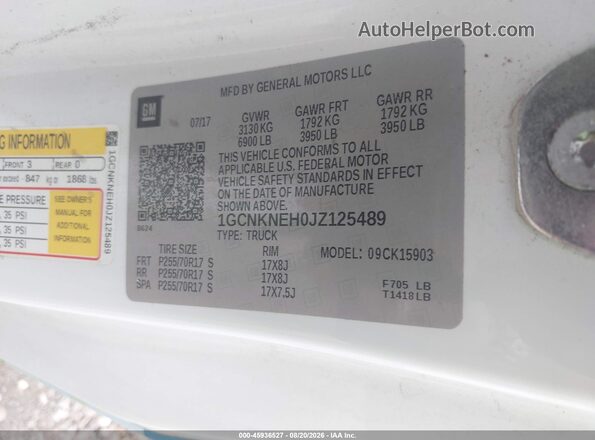 1GCNKNEH0JZ125489 2018 CHEVROLET SILVERADO Белый Вид наклейки с VIN-кодом