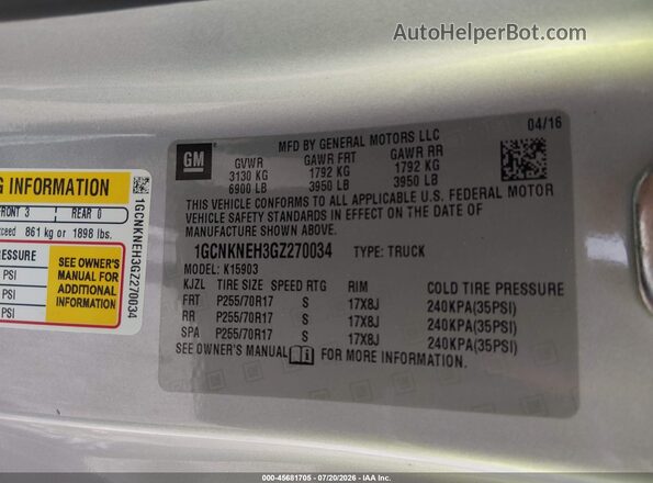 1GCNKNEH3GZ270034 2016 CHEVROLET SILVERADO Silver Вид підкапотного простору