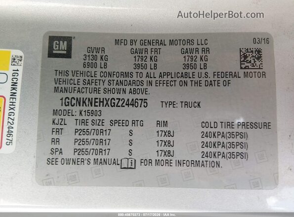 1GCNKNEHXGZ244675 2016 CHEVROLET SILVERADO Silver ძრავის განყოფილების ხედი