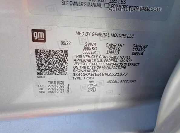 1GCPABEK9NZ531377 2022 CHEVROLET SILVERADO Серебряный Вид наклейки с VIN-кодом