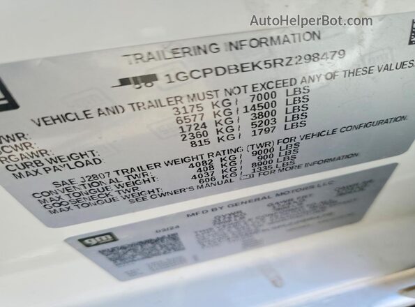 1GCPDBEK5RZ298479 2024 CHEVROLET SILVERADO White Вид наклейки з VIN-кодом
