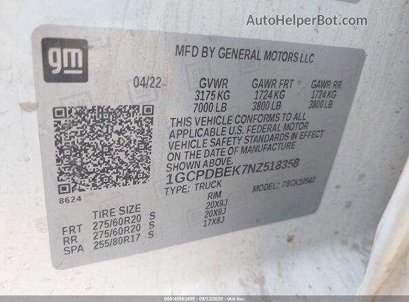 1GCPDBEK7NZ518358 2022 CHEVROLET SILVERADO White Вид підкапотного простору