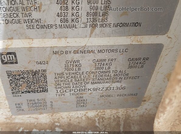 1GCPDBEK9RZ331306 2024 CHEVROLET SILVERADO White Trasero derecho